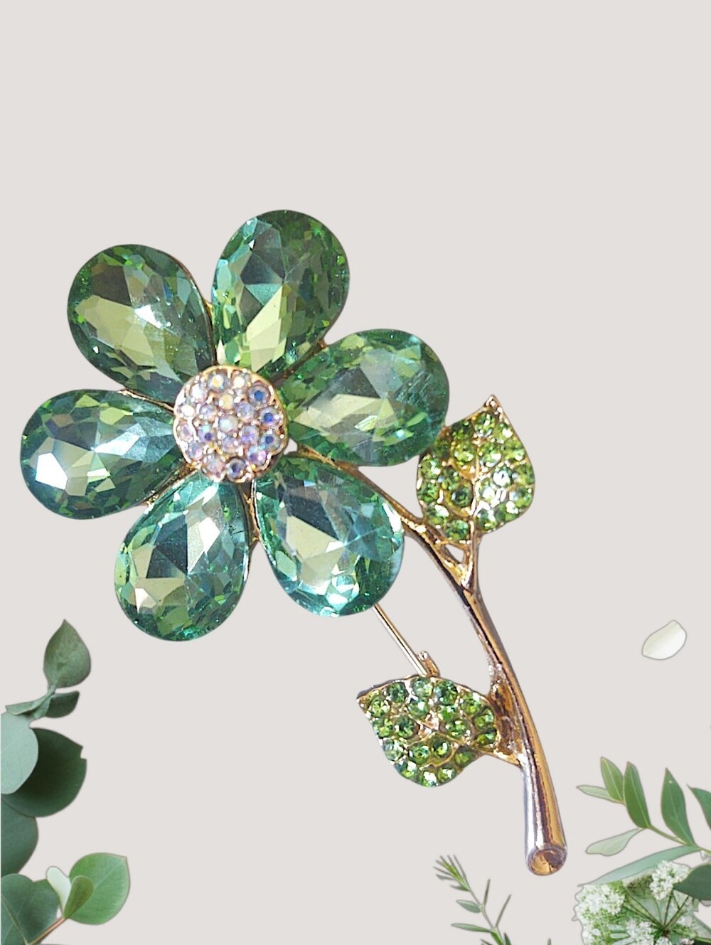 Green Crystal Flower Brooch